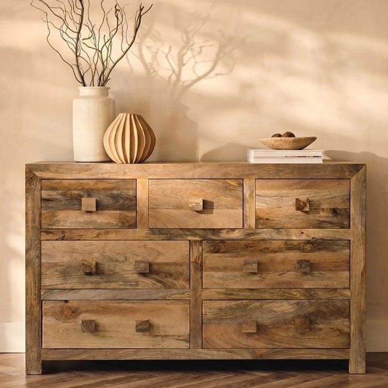 Boho Rustic Solid Light Mango Wood 7 Drawer Chest Of Drawer Sideboard 135cm Boho Rustic Solid Light Mango Wood 7 Drawer Chest Of Drawer Sideboard 135cm
