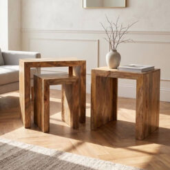 Boho Rustic Solid Light Mango Wood Set Of 3 Nesting Chunky Side Tables