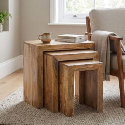 Boho Rustic Solid Light Mango Wood Set Of 3 Nesting Chunky Side Tables