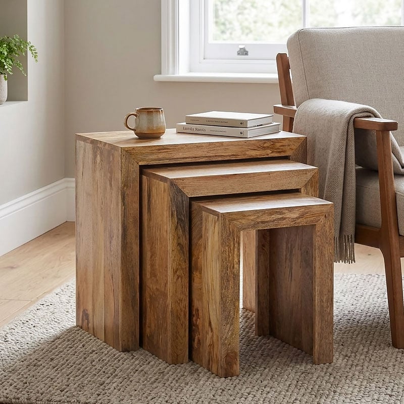 Boho Rustic Solid Light Mango Wood Set Of 3 Nesting Chunky Side Tables Boho Rustic Solid Light Mango Wood Set Of 3 Nesting Chunky Side Tables