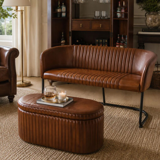 Industrial Ribbed Tan Brown Genuine Leather Storage Ottoman Trunk 93cm Industrial Ribbed Tan Brown Genuine Leather Storage Ottoman Trunk 93cm