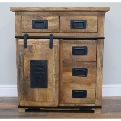 Industrial Rustic Solid Light Mango Wood And Black Metal 5 Drawer 1 Sliding Door Small Sideboard Cabinet 75cm Industrial Rustic Solid Light Mango Wood And Black Metal 5 Drawer 1 Sliding Door Small Sideboard Cabinet 75cm