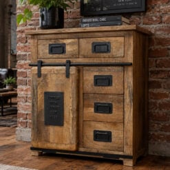 Industrial Rustic Solid Light Mango Wood And Black Metal 5 Drawer 1 Sliding Door Small Sideboard Cabinet 75cm