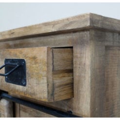 Industrial Rustic Solid Light Mango Wood And Black Metal 5 Drawer 1 Sliding Door Small Sideboard Cabinet 75cm