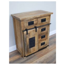 Industrial Rustic Solid Light Mango Wood And Black Metal 5 Drawer 1 Sliding Door Small Sideboard Cabinet 75cm