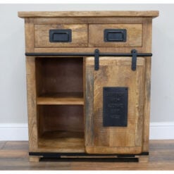 Industrial Rustic Solid Light Mango Wood And Black Metal 5 Drawer 1 Sliding Door Small Sideboard Cabinet 75cm