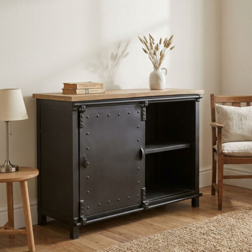 Industrial Solid Light Mango Wood And Black Metal 4 Drawer 1 Sliding Door Sideboard 106cm