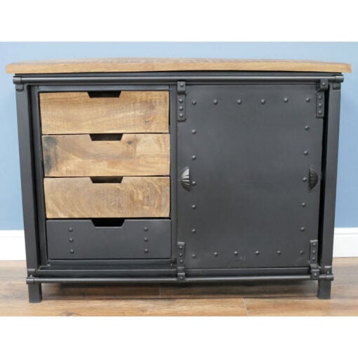 Industrial Solid Light Mango Wood And Black Metal 4 Drawer 1 Sliding Door Sideboard 106cm