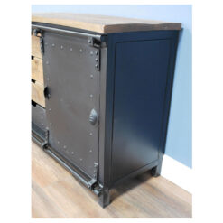 Industrial Solid Light Mango Wood And Black Metal 4 Drawer 1 Sliding Door Sideboard 106cm