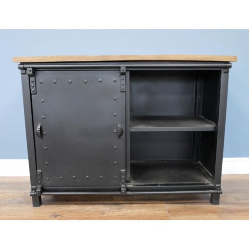 Industrial Solid Light Mango Wood And Black Metal 4 Drawer 1 Sliding Door Sideboard 106cm