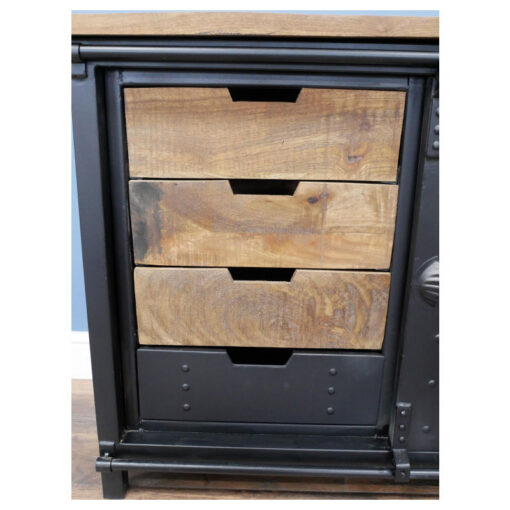 Industrial Solid Light Mango Wood And Black Metal 4 Drawer 1 Sliding Door Sideboard 106cm