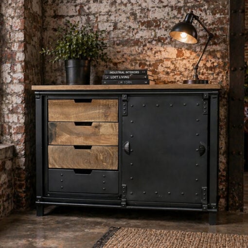 Industrial Solid Light Mango Wood And Black Metal 4 Drawer 1 Sliding Door Sideboard 106cm