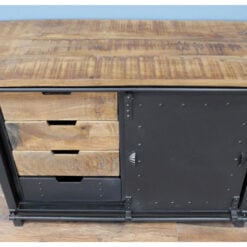 Industrial Solid Light Mango Wood And Black Metal 4 Drawer 1 Sliding Door Sideboard 106cm
