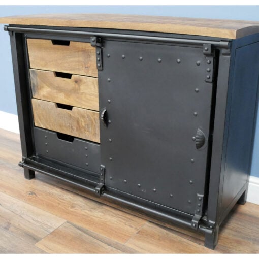 Industrial Solid Light Mango Wood And Black Metal 4 Drawer 1 Sliding Door Sideboard 106cm