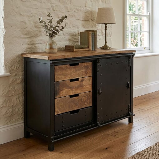 Industrial Solid Light Mango Wood And Black Metal 4 Drawer 1 Sliding Door Sideboard 106cm
