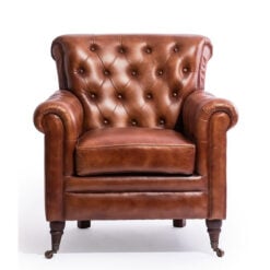 Industrial Tan Brown Vintage Genuine Leather Chesterfield Cigar Armchair With Wheels