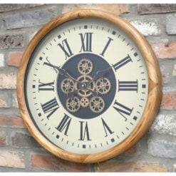 Light Wood Round Wall Clock With Gold Moving Gears And White Face With Roman Numerals 50cm Light Wood Round Wall Clock With Gold Moving Gears And White Face With Roman Numerals 50cm