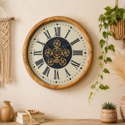 Light Wood Round Wall Clock With Gold Moving Gears And White Face With Roman Numerals 50cm