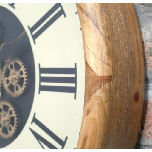 Light Wood Round Wall Clock With Gold Moving Gears And White Face With Roman Numerals 50cm Light Wood Round Wall Clock With Gold Moving Gears And White Face With Roman Numerals 50cm