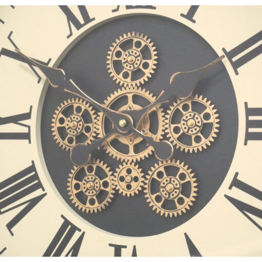Light Wood Round Wall Clock With Gold Moving Gears And White Face With Roman Numerals 50cm Light Wood Round Wall Clock With Gold Moving Gears And White Face With Roman Numerals 50cm