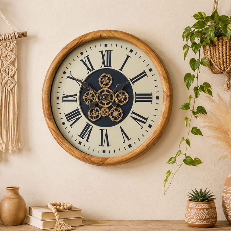 Light Wood Round Wall Clock With Gold Moving Gears And White Face With Roman Numerals 50cm Light Wood Round Wall Clock With Gold Moving Gears And White Face With Roman Numerals 50cm
