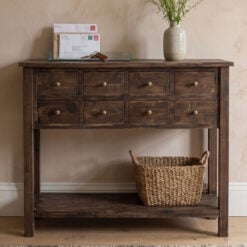 Rustic Farmhouse Reclaimed Solid Wood 2 Tier 8 Drawer Apothecary Console Table 107cm