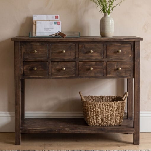 Rustic Farmhouse Reclaimed Solid Wood 2 Tier 8 Drawer Apothecary Console Table 107cm
