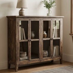 Rustic Farmhouse Reclaimed Solid Wood 4 Glass Door Sideboard Display Cabinet 102cm