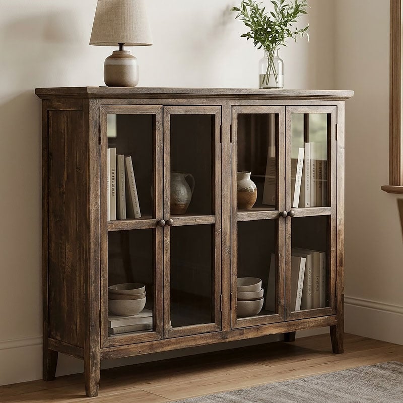 Rustic Farmhouse Reclaimed Solid Wood 4 Glass Door Sideboard Display Cabinet 102cm Rustic Farmhouse Reclaimed Solid Wood 4 Glass Door Sideboard Display Cabinet 102cm