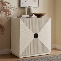 Boho Geometric Cream Light Wood Ribbed Carved 2 Door Small Sideboard Cabinet 80cm