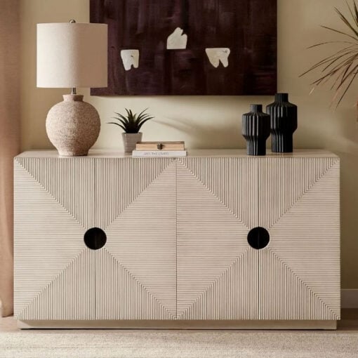Boho Geometric Cream Light Wood Ribbed Carved 4 Door Large Sideboard 160cm