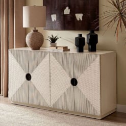 Boho Geometric Cream Light Wood Ribbed Carved 4 Door Large Sideboard 160cm