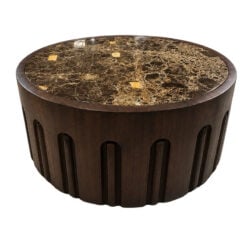 Boho Rustic Dark Brown Round Carved Solid Mango Wood Coffee Table With Marble Inlay Top 70cm
