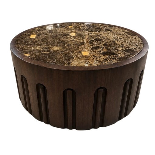 Boho Rustic Dark Brown Round Carved Solid Mango Wood Coffee Table With Marble Inlay Top 70cm