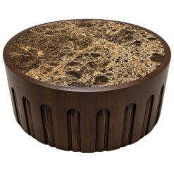 Boho Rustic Dark Brown Round Carved Solid Mango Wood Coffee Table With Marble Inlay Top 70cm