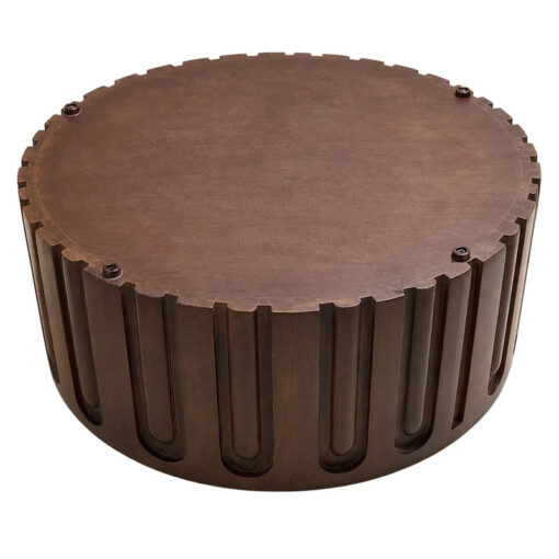 Boho Rustic Dark Brown Round Carved Solid Mango Wood Coffee Table With Marble Inlay Top 70cm