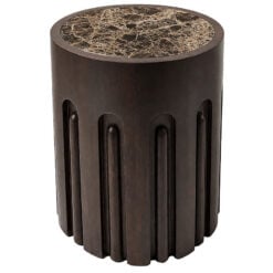 Boho Rustic Dark Brown Round Carved Solid Mango Wood End Table With Marble Inlay Top