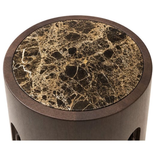 Boho Rustic Dark Brown Round Carved Solid Mango Wood End Table With Marble Inlay Top