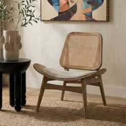 Boho Rustic Mid Century Light Elm Wood And Rattan Accent Chair With Upholstered Curved Seat