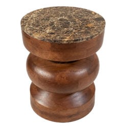 Boho Rustic Rich Brown Marble And Carved Solid Mango Wood Sculptural Side Table