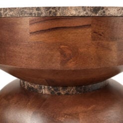 Boho Rustic Rich Brown Marble And Carved Solid Mango Wood Sculptural Side Table