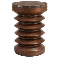 Boho Rustic Rich Brown Marble And Carved Solid Mango Wood Tiered End Side Table