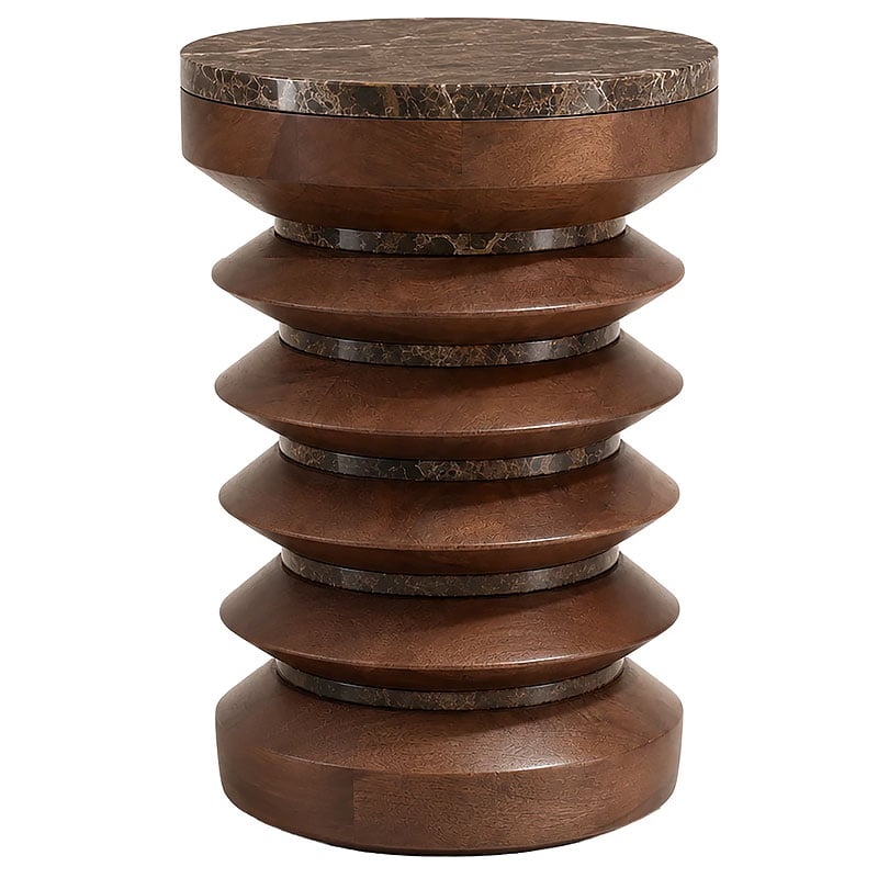Boho Rustic Rich Brown Marble And Carved Solid Mango Wood Tiered End Side Table Boho Rustic Rich Brown Marble And Carved Solid Mango Wood Tiered End Side Table