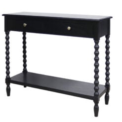 Country Cottage Black Wood Turned Carved Legs 2 Drawer 2 Tier Slim Console Table 91cm Country Cottage Black Wood Turned Carved Legs 2 Drawer 2 Tier Slim Console Table 91cm