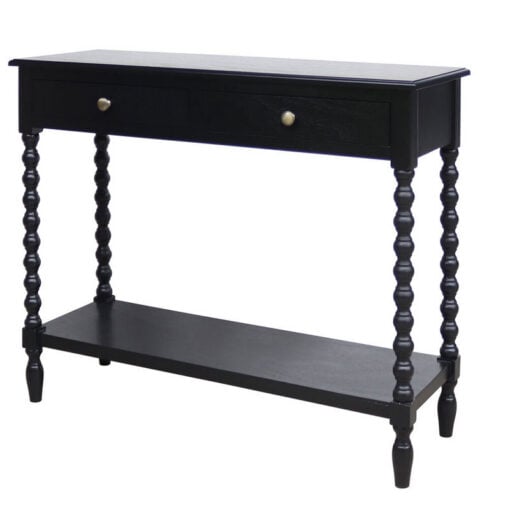 Country Cottage Black Wood Turned Carved Legs 2 Drawer 2 Tier Slim Console Table 91cm Country Cottage Black Wood Turned Carved Legs 2 Drawer 2 Tier Slim Console Table 91cm