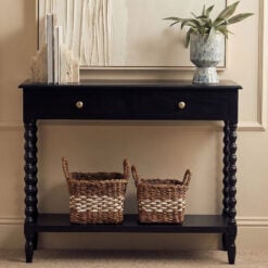 Country Cottage Black Wood Turned Carved Legs 2 Drawer 2 Tier Slim Console Table 91cm