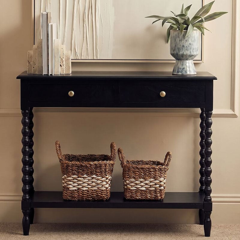 Country Cottage Black Wood Turned Carved Legs 2 Drawer 2 Tier Slim Console Table 91cm Country Cottage Black Wood Turned Carved Legs 2 Drawer 2 Tier Slim Console Table 91cm