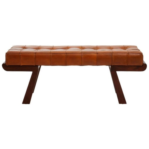 Industrial Inca Tan Brown Tufted Genuine Leather Angular Bench With Dark Wood Legs Industrial Inca Tan Brown Tufted Genuine Leather Angular Bench With Dark Wood Legs