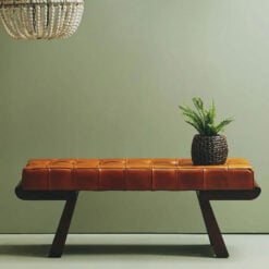 Industrial Inca Tan Brown Tufted Genuine Leather Angular Bench With Dark Wood Legs