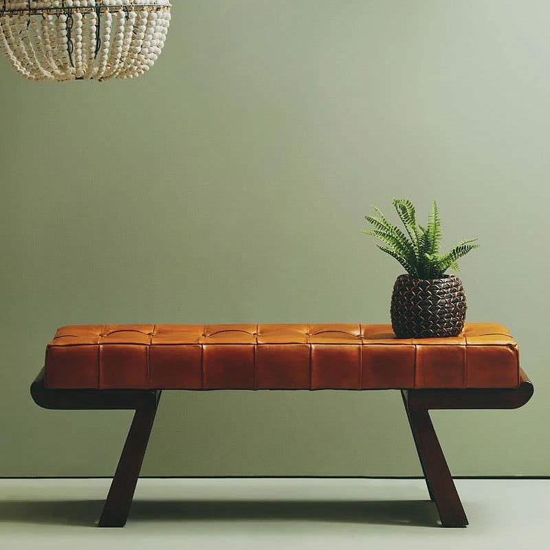 Industrial Inca Tan Brown Tufted Genuine Leather Angular Bench With Dark Wood Legs Industrial Inca Tan Brown Tufted Genuine Leather Angular Bench With Dark Wood Legs